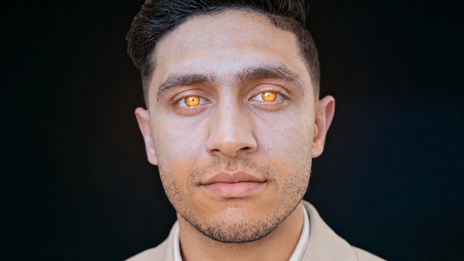 Ebrahim with glowing amber eyes